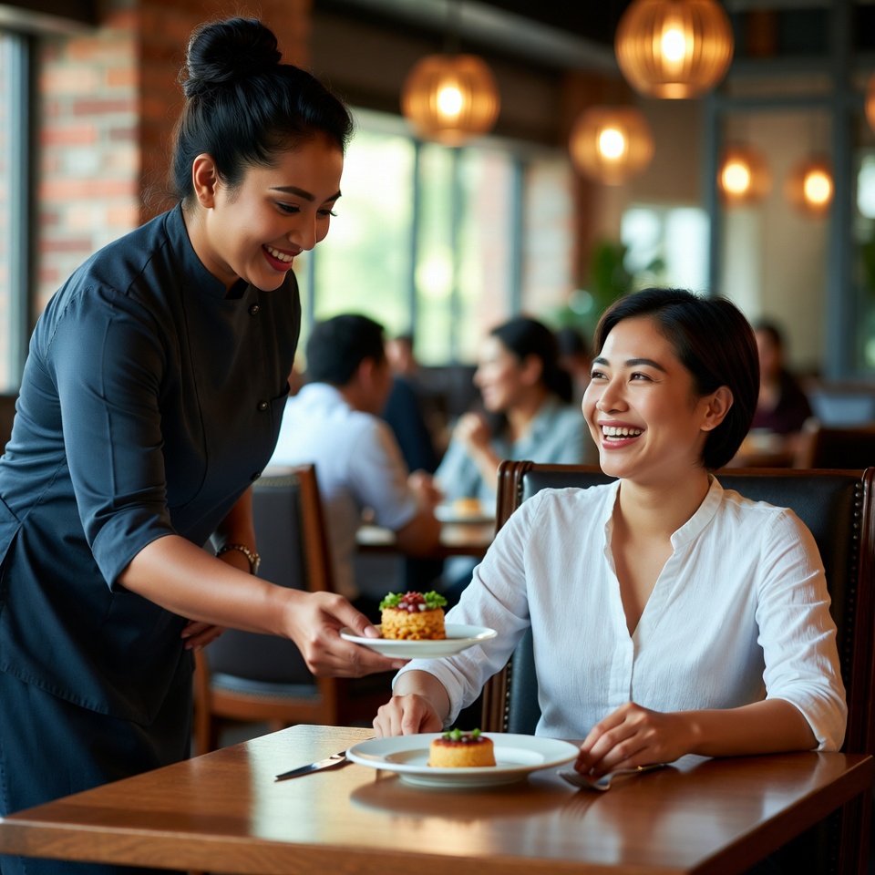 Friendly staff serving freshly made dish at Savoria Kitchen