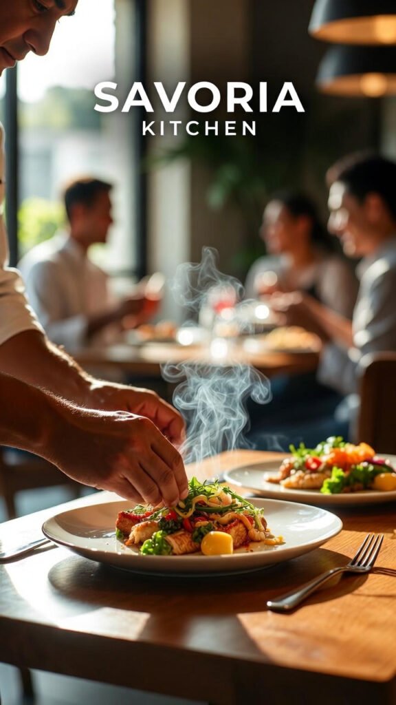 Chef serving freshly made to order signature dish at Savoria Kitchen restaurant for unforgettable dining